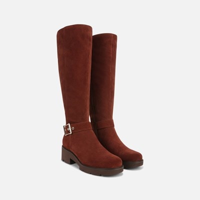 Brown leather knee shop high flat boots